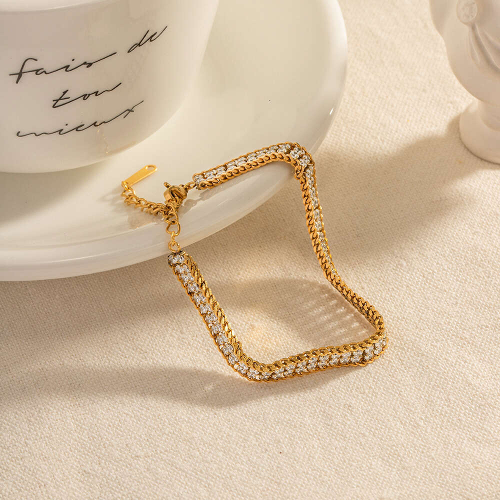 Double Layer Stainless Inlaid Square Zircon gold bracelet For Women Design Waterproof Jewelry Vacation Gift links link bracelets
