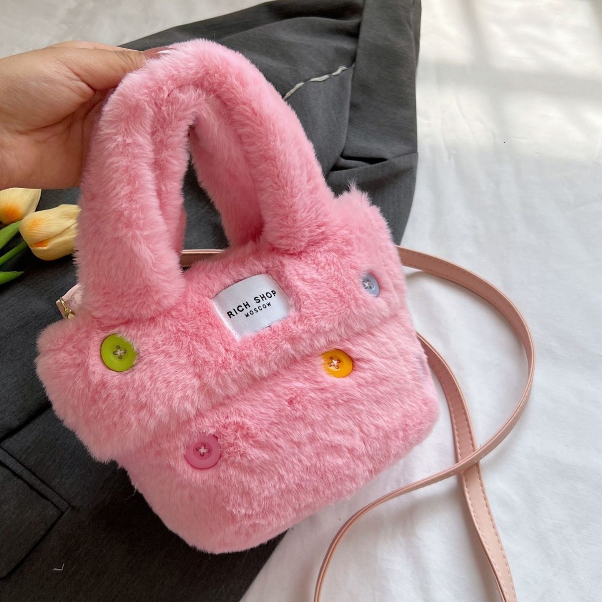 Cute button imitation fur autumn and winter children's diagonal cross handbag version fashionable plush bag