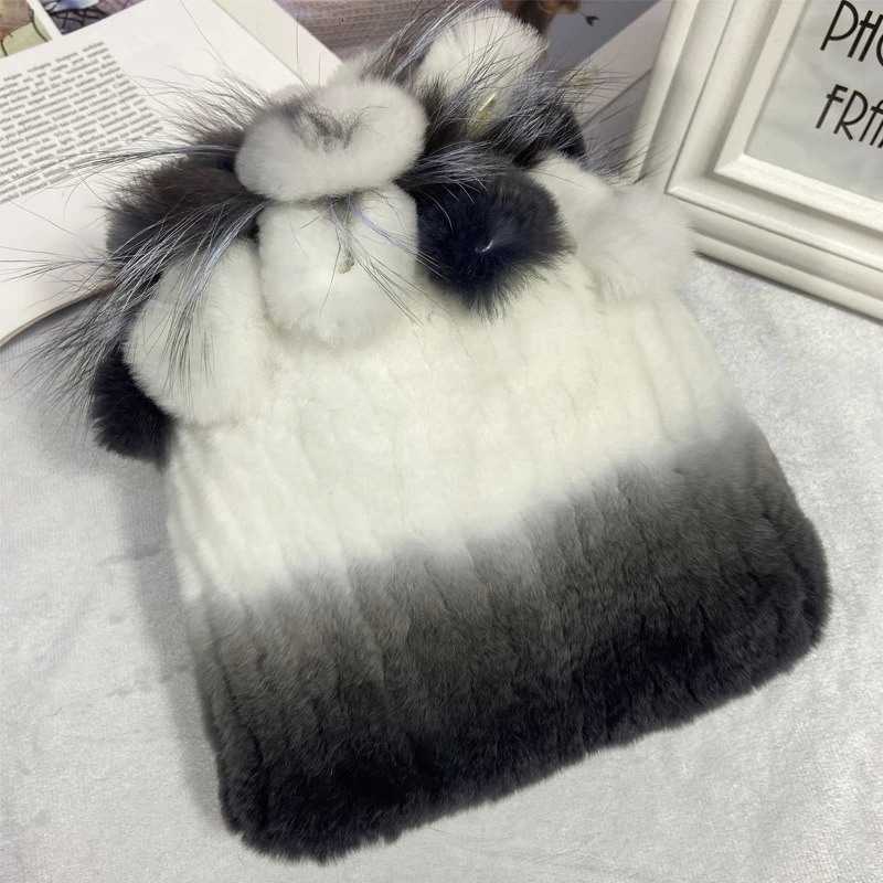 Russian Winter Real Fur Hat Natural Rex Rabbit Fur Warm Cap Ladies Knitted 100% Geunine Fur Hats 241009