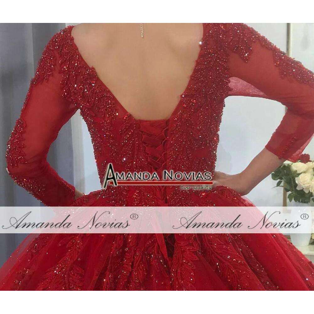 wedding with long lace sleeves bridal dress red color evenings
