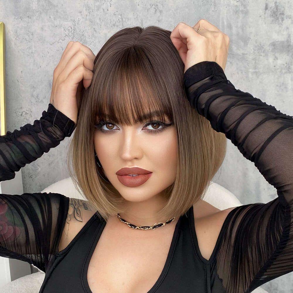 Wig For Women Short Straight Hair, BOB Head, Gradient Inward Button Wig, Headband With Bangs, Bob Head