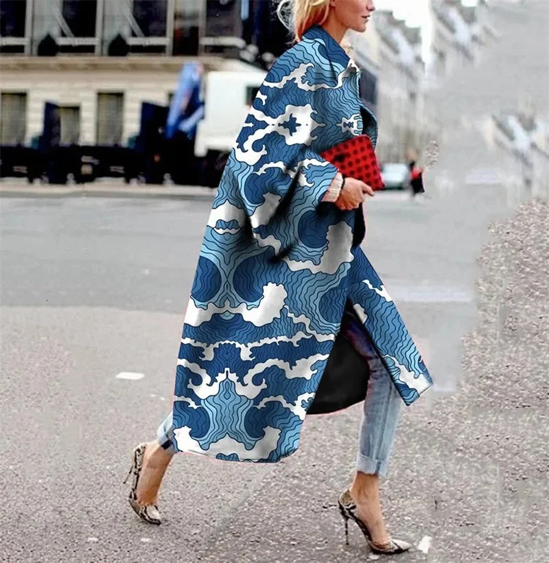2024 Trench Coat Windbreaker Outwear for Women Fashion Geometric Print Color Female Casual Long Cardigan Coat Turn-Downs 241017