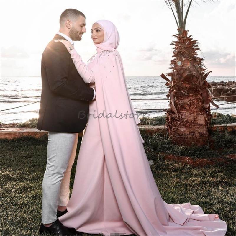 Islamic Muslim Pink Wedding Dresses With Cape 2025 Elegant Beaded Pagan Country Bridal Dress Long Sleeve Dubai Arabic Bride Gown Robe De Mariee Custom