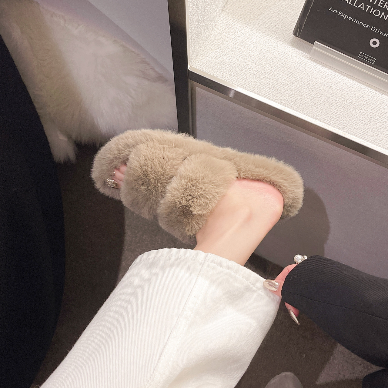 Hairy slippers female wearing 2024 new Korean version of ins fashion shoes autumn and winter one word thick sole cotton shoes spring and autumn