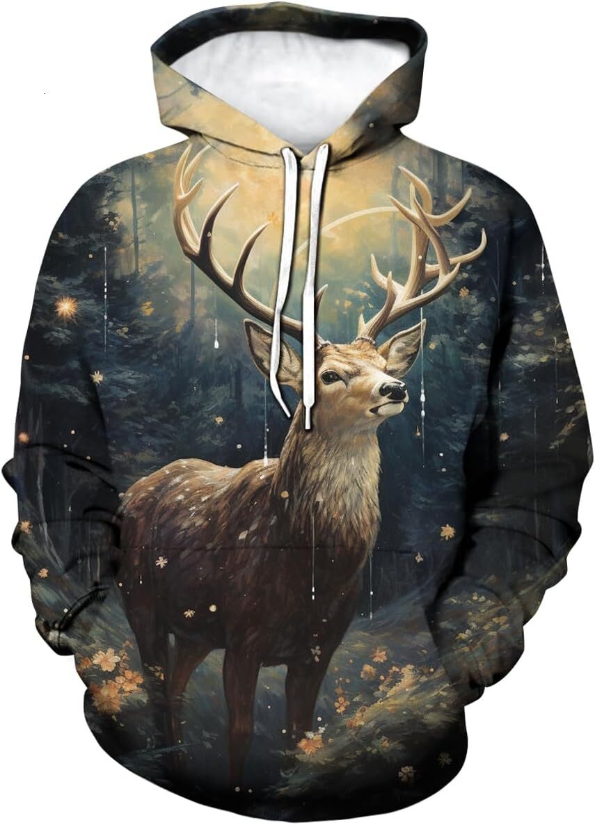 Hoodie for Mens Womens Novelty Deer Pattern Hoodie 3D Printed Sweatshirt Pullover for Men Women Graphic Fashionable and Warm