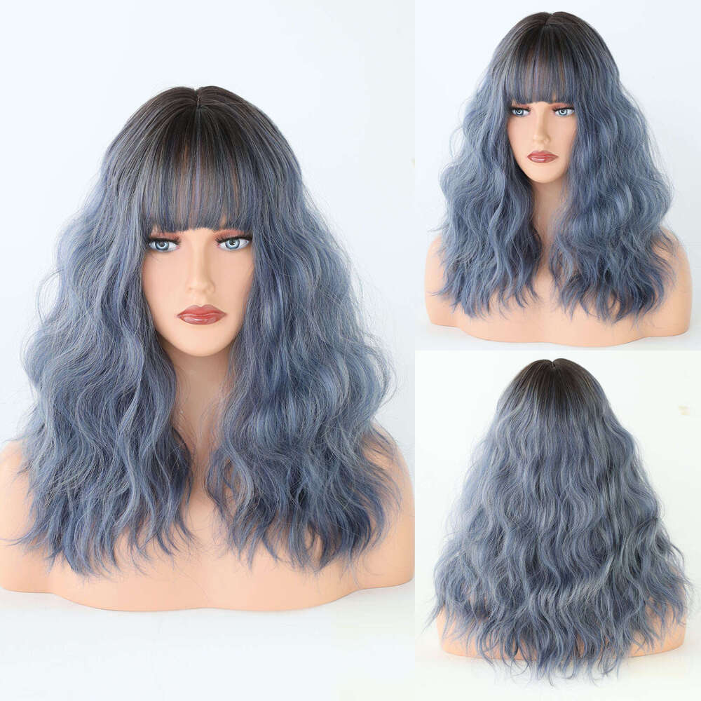 Japanese And Korean Women's Haze Blue Wave Medium Long Curly Hair High Temperature Silk Wig Set Blue Wigs