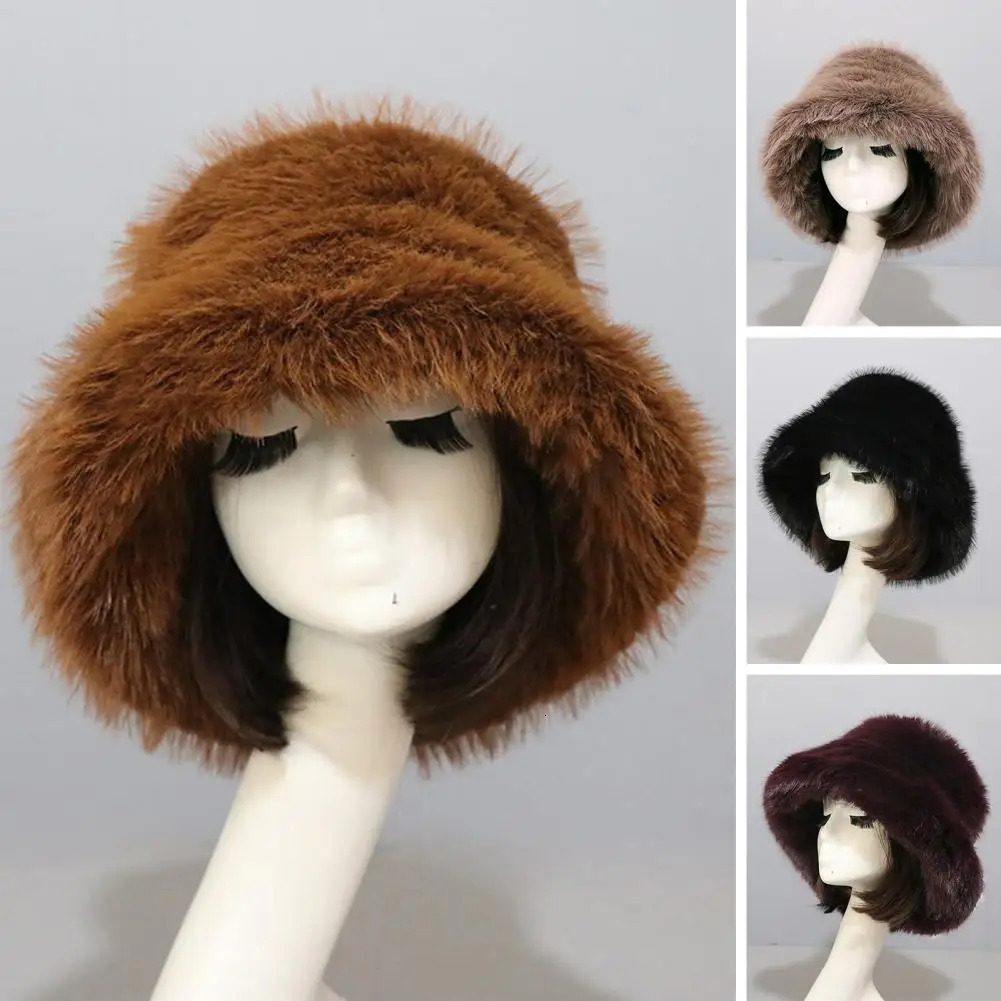 Bucket Hat Oversized Fluffy Wide Brim Soft Thickened Ear Protection Faux Fur Winter Thermal Women Fisherman Cap 241009