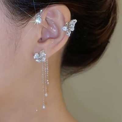 Gold silver and metal butterfly ear clips female non perforated sparkling zircon ear clips W241017