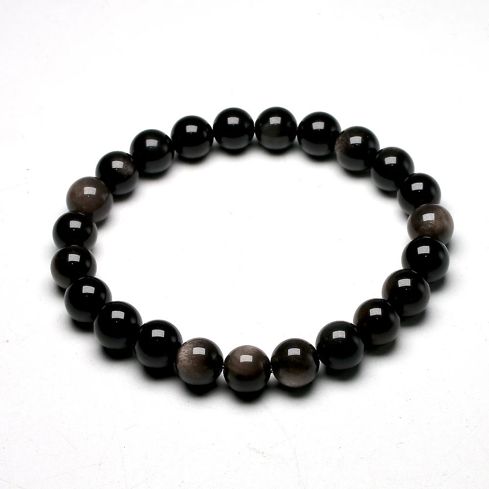 Natural silver obsidian bracelet mens jewelry stone beads round bracelet energy bracelet womens Valentines Day gift jewelry 241017
