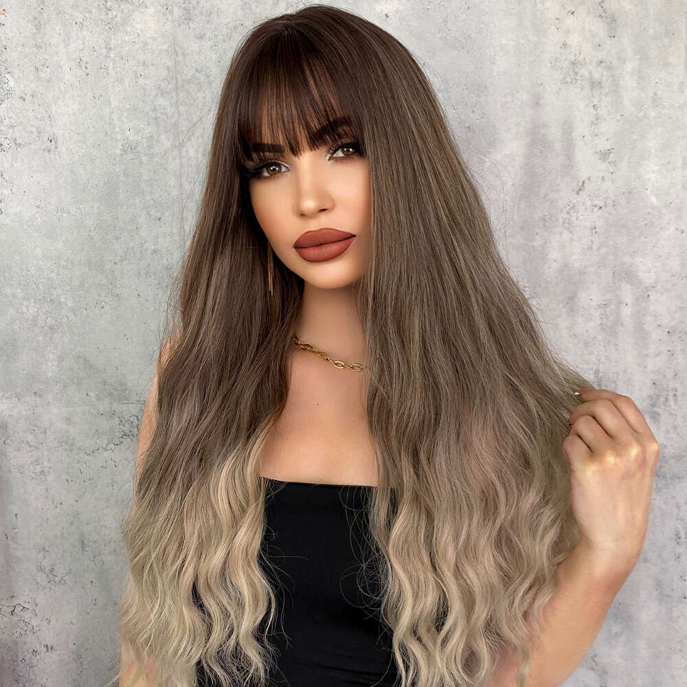 Brown Gradient Wig With Bangs, Long Curly Hair, Big Waves, Women's Headband