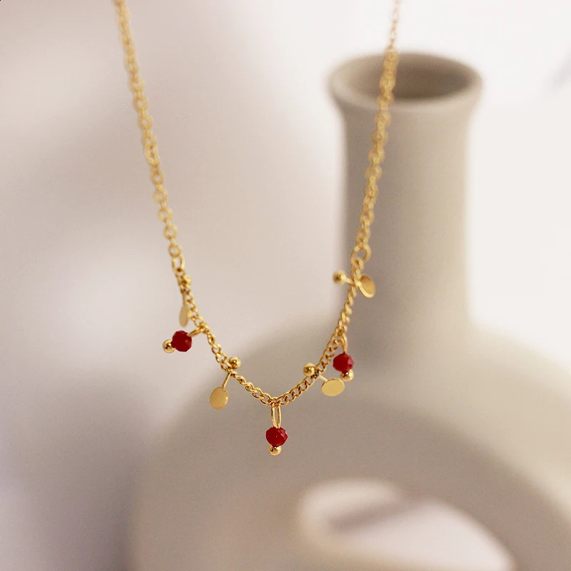 ANEH Retro Multi layer Red Natural Stone Bead Chain Stainless Steel Disc Charm Necklace 241017