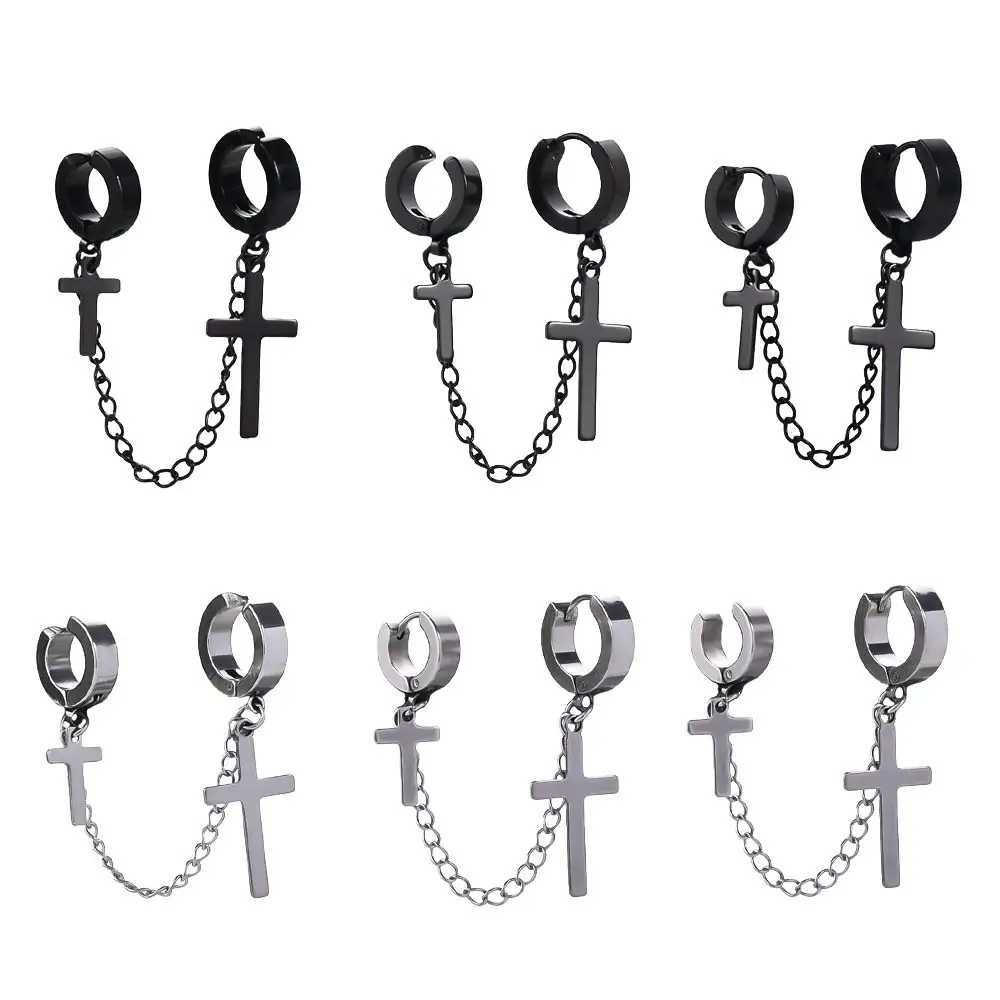 1 piece of fashionable punk cross clip earrings suitable for teenagers women men earrings cuffs jewelry vintage metal chains tassel earrings W241017