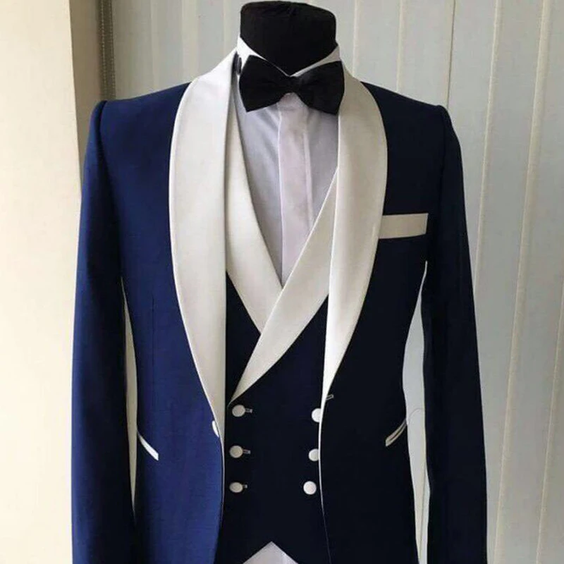3 Piece Men Suits for Wedding Slim Fit White Shawl Lapel Custom Groom Tuxedo Male Fashion Jacket Vest with Pants Latest Style