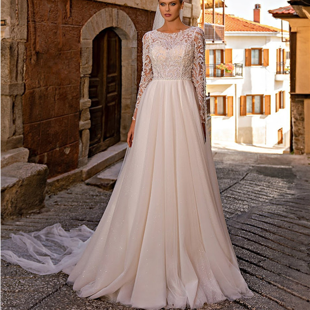 Wedding Dresses A Line Long Sleeve Squins Lace Bride Dresses Robe De Mariee Floor Length Wedding Gown Long Sleeves Bride Dresses Vestidos