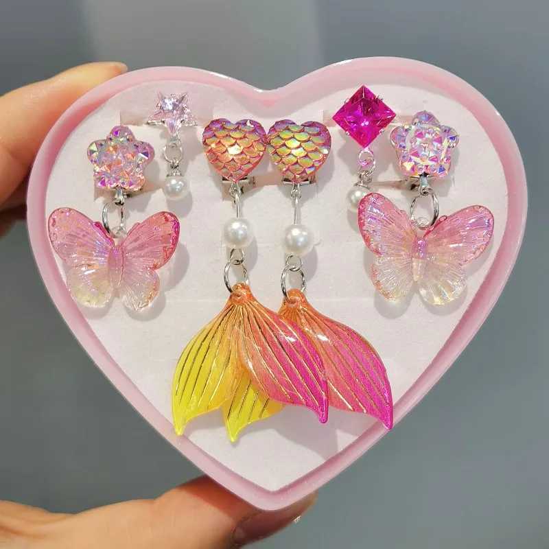 3 pairs of cute childrens ear clip earrings suitable for girls without ear holes sweet mermaid baby ear clip set W241017