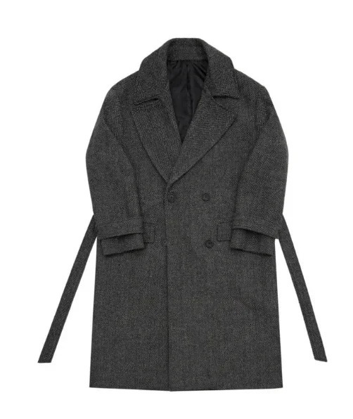 Mens winter woolen coat Korean version of the trend herringbone pattern in long thick lapel size 2XL 241017
