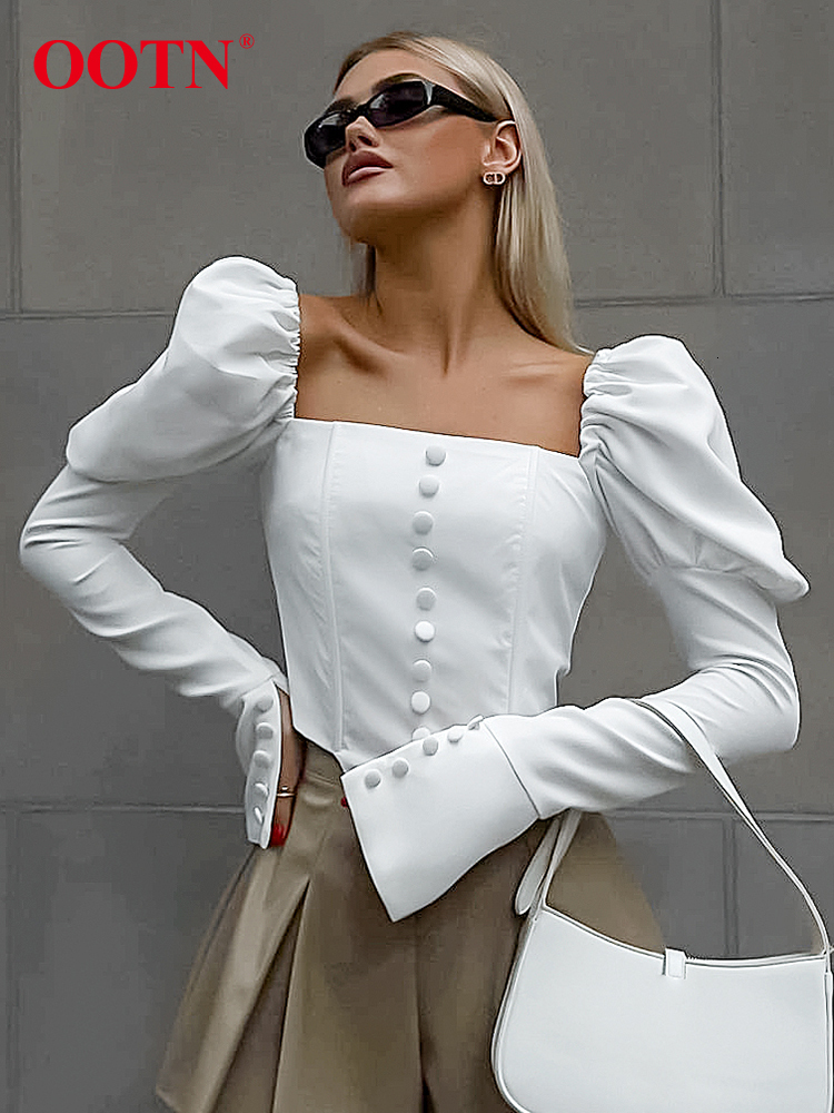 OO Elegant White Lantern Sleeve Blouse Street Single Breasted Irregular Shirts Sexy Crop Top Square Collar Tops Ladies 2024