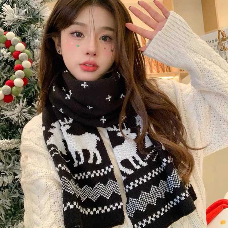 Wen Mens Deer Winter Warm Scarf Double sided Knitted Scarf Fashion Edition Wool Shawl Girl Christmas Gift X2410171