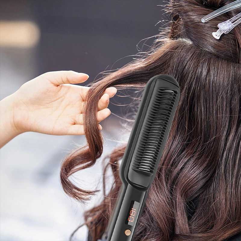 Hair Straightener Brush Ionic Straightening Brush Hot Brush Anti-Scald Hot Comb with Digital LCD Display Hair CombXJ241016