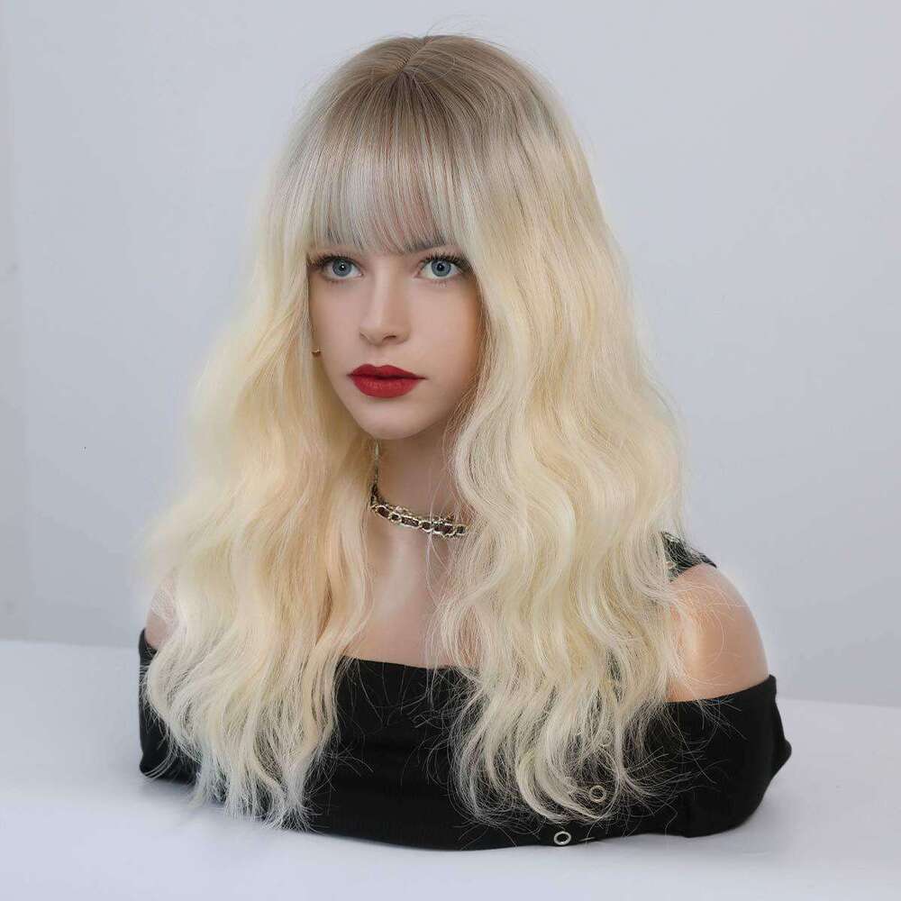 Japanese And Korean Women's Haze Blue Wave Medium Long Curly Hair High Temperature Silk Wig Set Blue Wigs