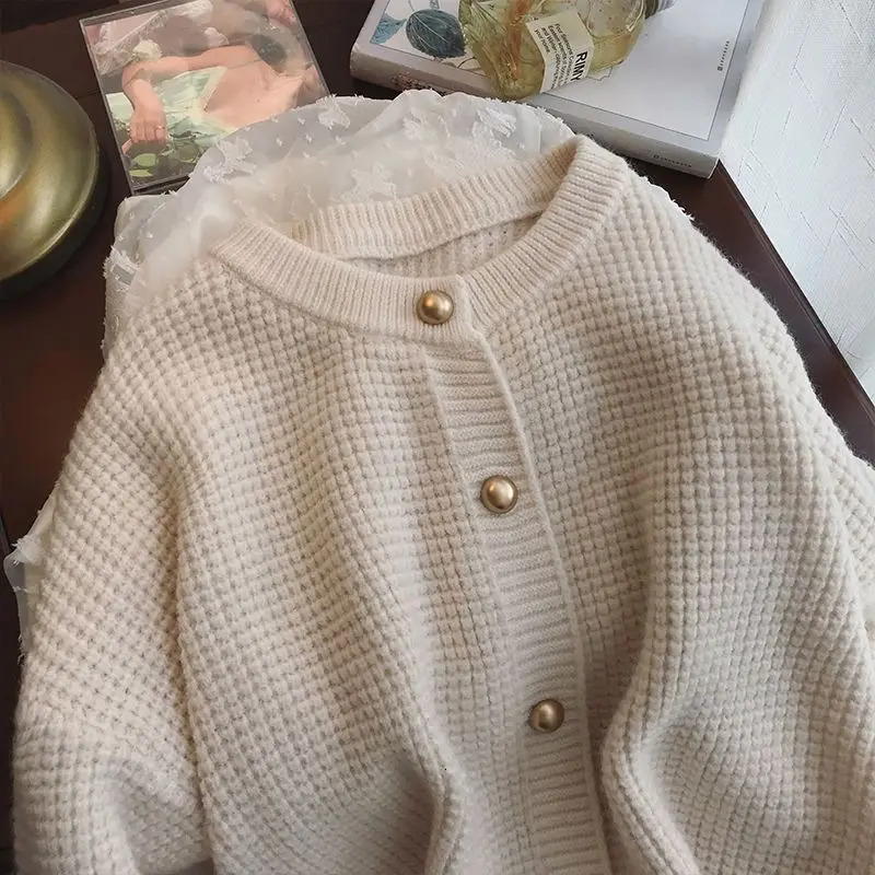 Autumn Winter Round Neck Long Sleeve Fashion Sweater Women Solid Color Waffler Button Cardigan Elegant All-match Chic Tops 241017