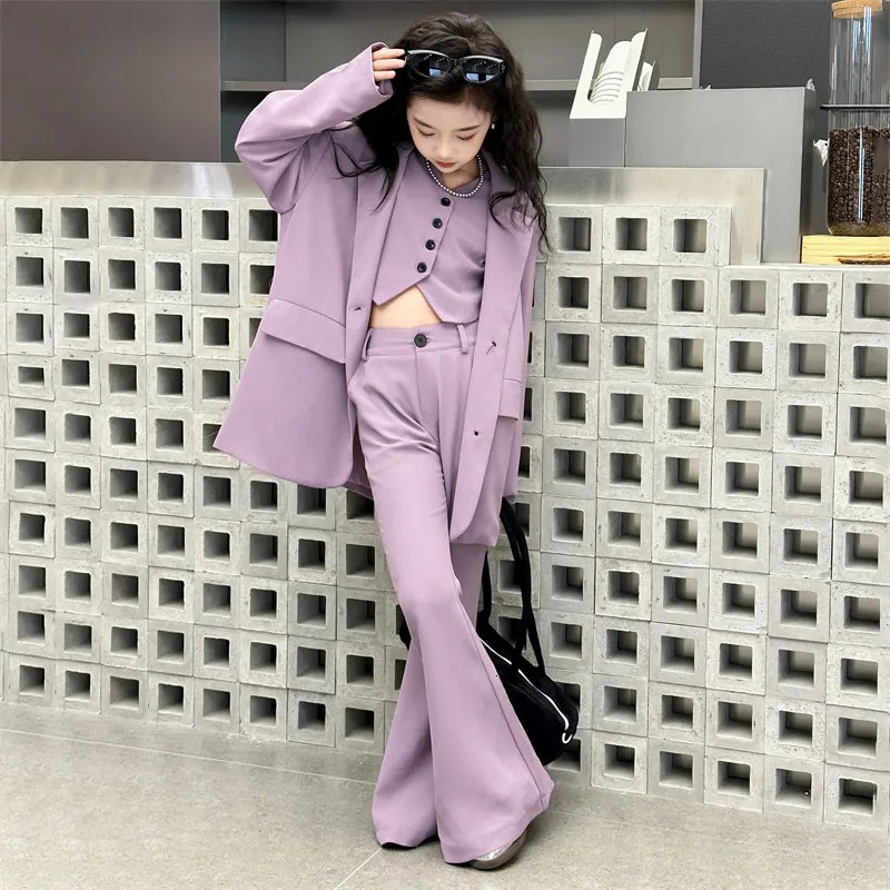 Teenage Girls Suits Blazer 3Pcs VestJacketsFlare Pants Solid Color Spring Fall Formal Occasion Childrens Clothes sets outfits 241016