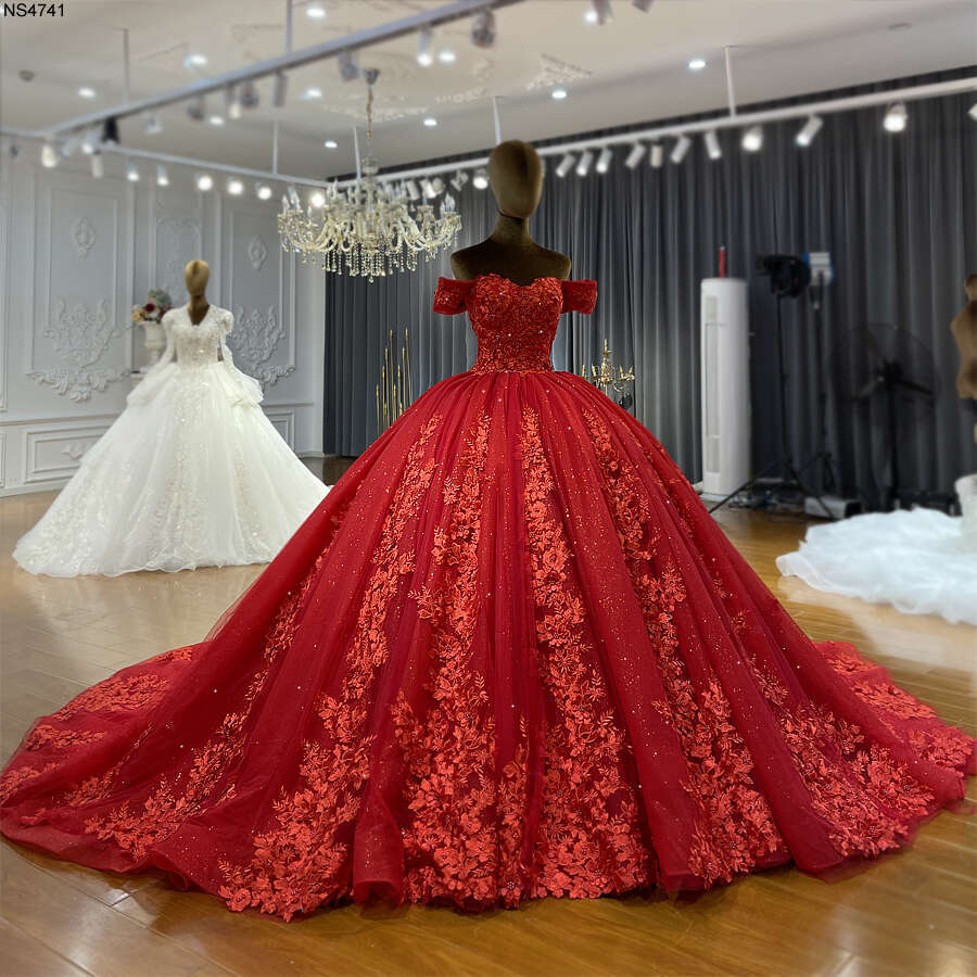Off Shoulder Lace Red Ball Gown Wedding Dress