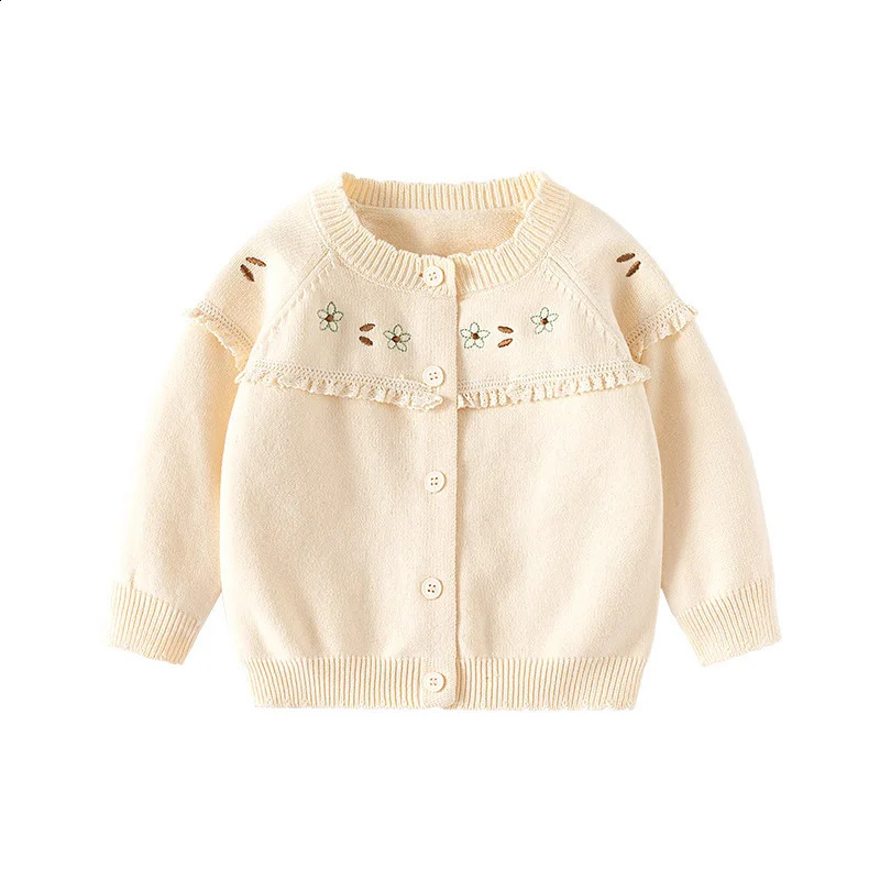 Autumn Toddler Girls Sweater Cotton Knitted Flower Embroidery Baby Coat Ruffles Elastic Little Cardigan Knitwear 241017