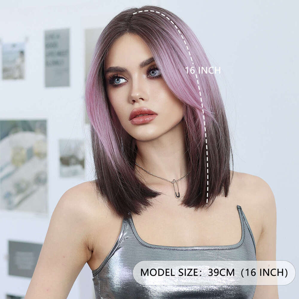 Small T Wig Pink Gradient Brown Short Straight Hair Medium Differentiated Fiber High Temperature Silk Bob Lace Front Wigs