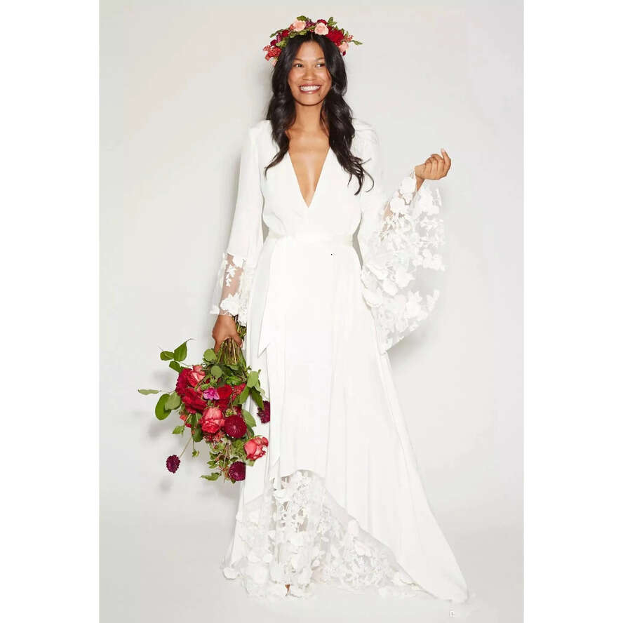 Dresses Counrtry Simple Bohemian Long Sleeves Deep V Neck Or Length Summer Boho Hippie Beach Western Bridal Wedding Gowns