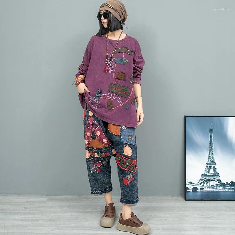 Womens Two Piece Pants Hand Embroidered Cloth Long Sleeve T-shirt Denim Harem Pant Set Women 2024 Autumn Loose Outfit LX2255