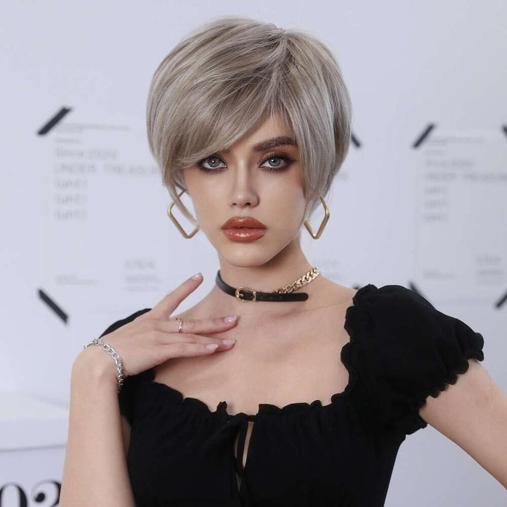 Female Straight With Slanted Bangs, Champagne Gold Elf Short Hair Wig, Synthetic Full Head Cover, Short Wigs