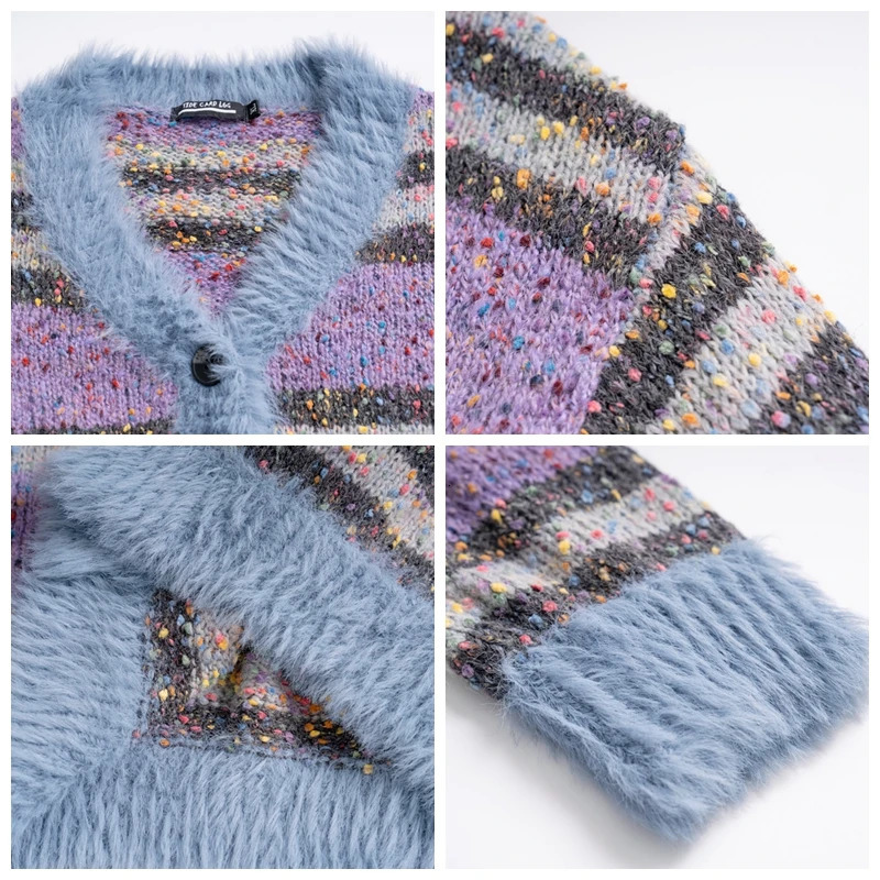 Colorful Spotted Stripe Cardigan Sweater Y2k Harajuku Mens and Womens Loose Mohair Knitwears Autumn Winter Knitted Outwear 241017