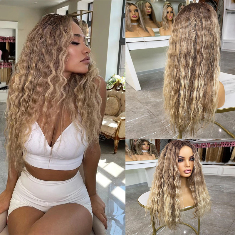 Free shipping Peruvian Honey Blonde Water Wave Front Silation Human Hair 13x4 Transparent Frontal Wig Deep Curly Ombre Lace Wigs