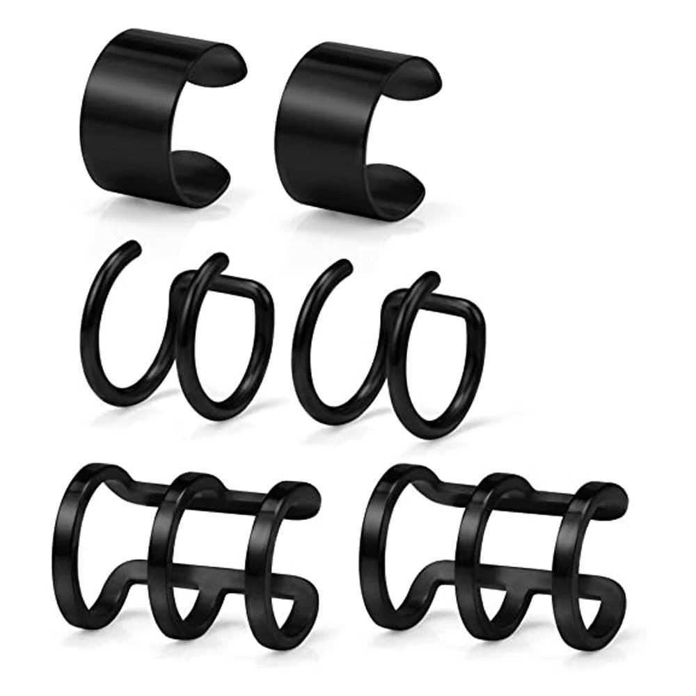 2-6-piece stainless steel ear sleeves non perforated faux black clip on boxed earring set womens and mens styles W241017