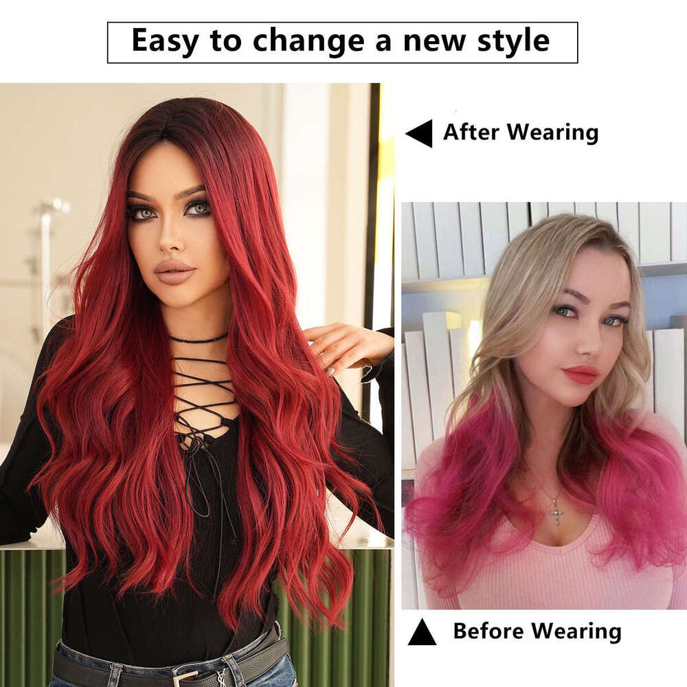 Ladies' Wig Rose Long Curly Hair Big Wave Synthetic Nized Headset Ombre Red Wigs