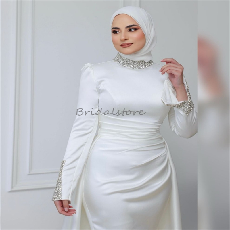 Simple Mermaid Muslim Wedding Dresses With Beaded Long Sleeve Overskirt Satin Islamic Boho Bridal Dress Charming Country Bride vestidos de novia Robe 