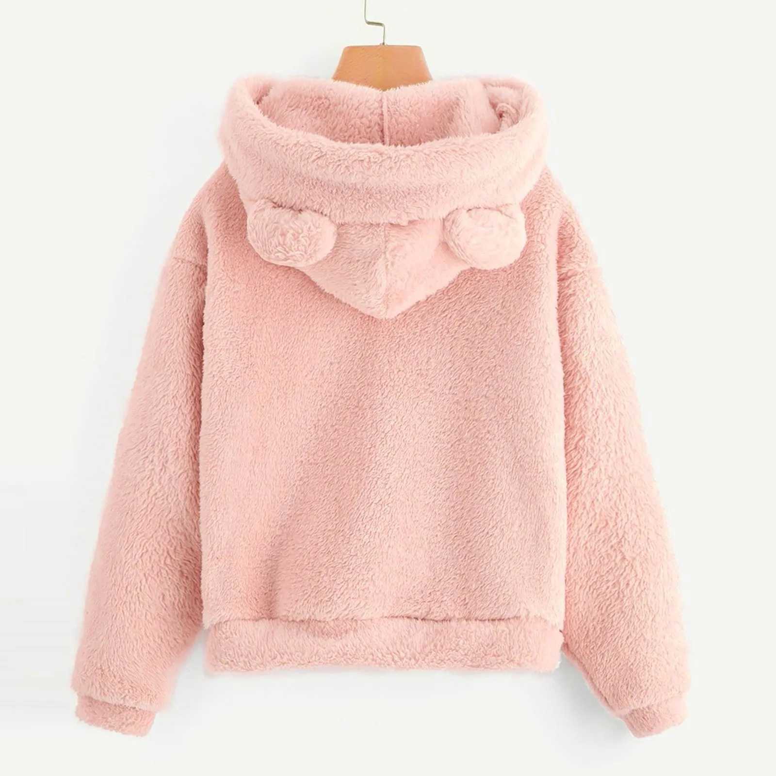 Womens Pullover Long Sleeve Fleece Sweatshirt Warm Bear Shape Fuzzy Hoodie Sweater PulloverX241016