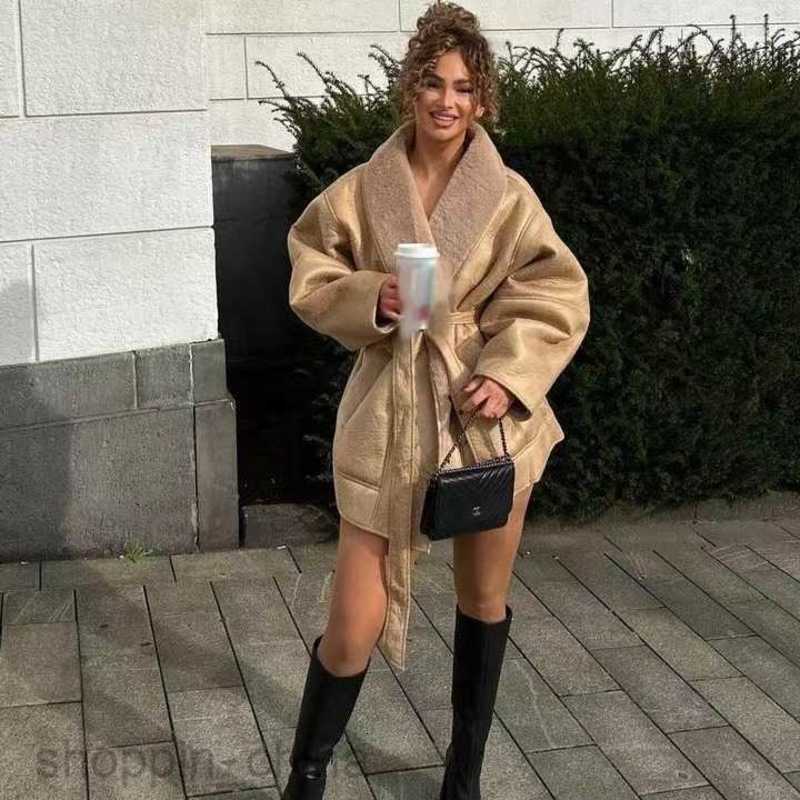 Women Jackets Coats Women's Autumn/Winter New Fashion Cashmere Leather Collar Composite Belt Coat