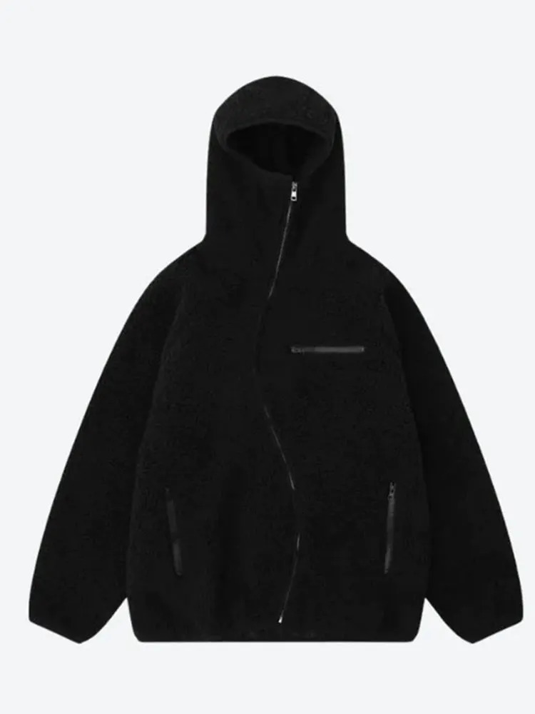 Fashion Turtleneck Hooded Teddy Velvet Jacket Male Casual Loose Irregular Zipper Lamb Wool Coat Autumn Thick Warm Fleece Coats 241017