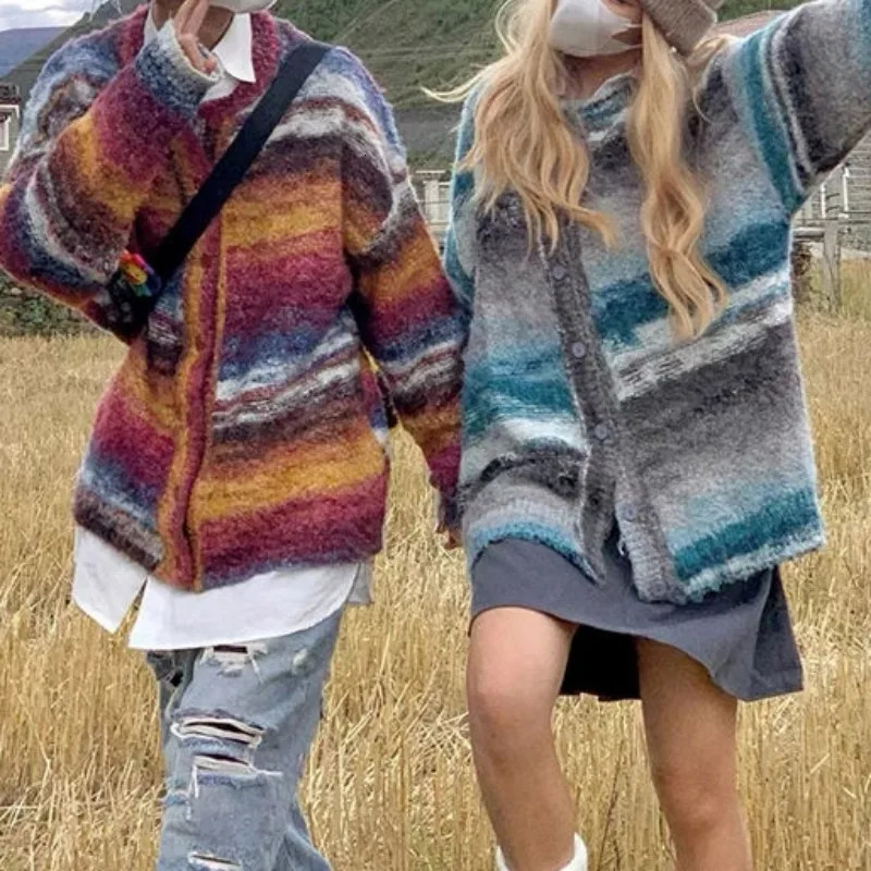 Colorful Cardigan Men Loose O-neck Knitted Single-breasted Sweater Coat Male Arrival Fashion Contrast Color Y2K Couple Top 241017