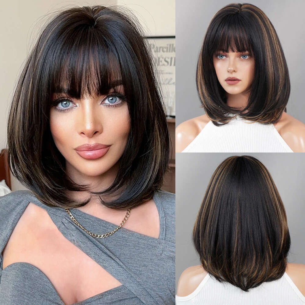 Women's Shoulder Length Bob Short Straight Hair Black Gold Spot Dyed Inner Button Layered Wig Full Head Set