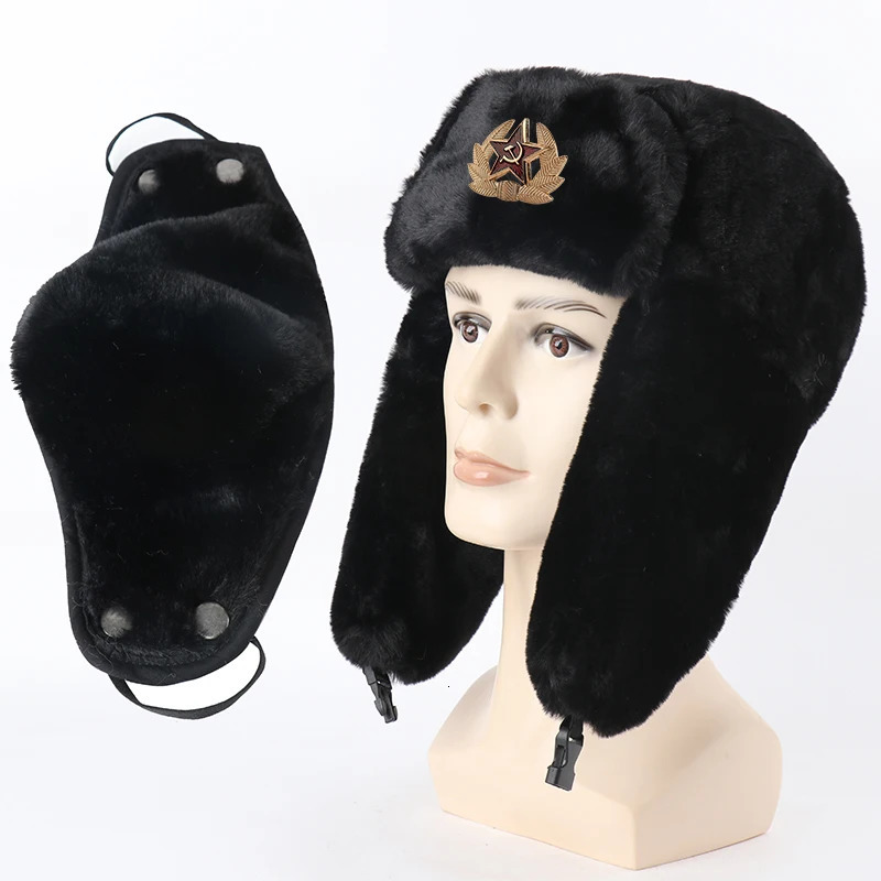 CAMOLAND Soviet Army Military Badge Bomber Hat Men Women Russia Ushanka Hats Faux Rabbit Fur Earflap Snow Caps Trapper 241016 - view 7