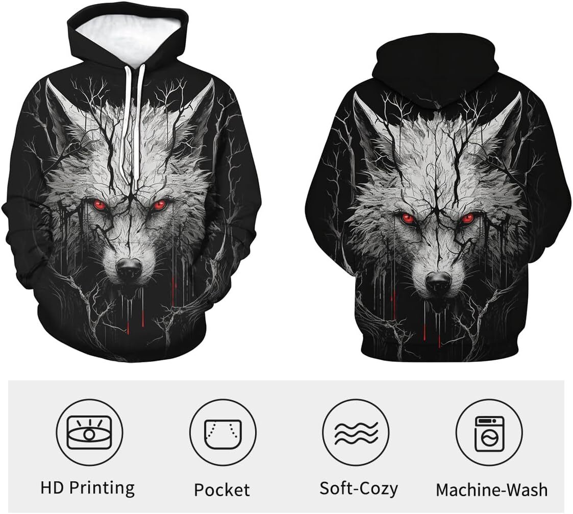 Hoodie for Mens Womens Mens Novelty Wolf Graphic Hoodies 3D Print Animal Fashion Pocket Sweatshirt Graphic Pullover Long Sleeve Warm