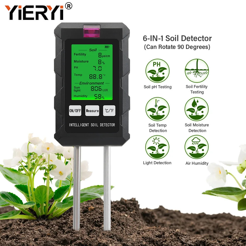 Digital 6-in-1 Soil PH Meter Soil Fertility Soil Moisture Sunlight Environment Humidity Temperature Tester Monitoring Instrument Garden Soli Analyzer 