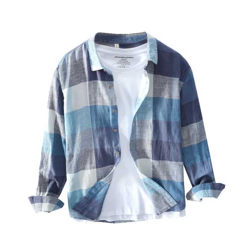 Men Clothing 2022 Simple Plaid Long-sleeved Cotton Linen Shirt Mens Casual Thin Literary Youth Breathable Loose Linen Shirt LX241017
