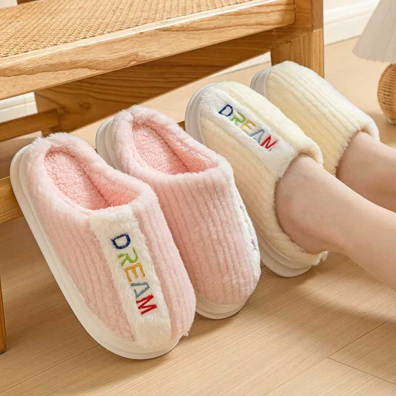 Winter Plush Letter Womens Cotton Slippers Indoor Warm Strip Thick Bottom Anti slip Soft Bottom Couple ShoesCL241017