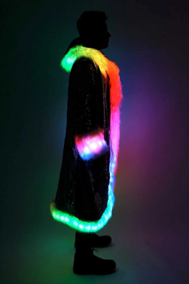 LED glitter faux fur mens jacket nightclub patch workwear long hoodie comfortable holiday party music festival clothing faux fur leather jacket W24122