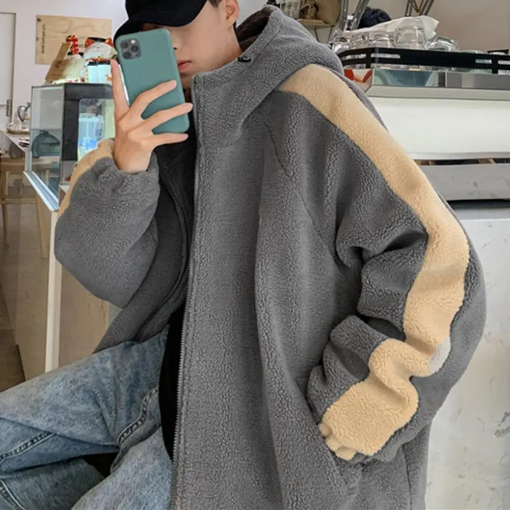 Leisure Vintage Fleece Mens Jacket Oversize Contrast Color Coat Warm Male Outwear Winter Parkas Clothes 241017