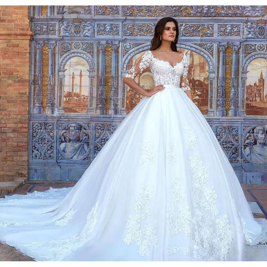 Dress Arabic Dubai Wedding Modest Sweetheart Half Sleeves Tulle Appliques Ball Gown Wedding Dresses Bridal Gowns Plus Size es s